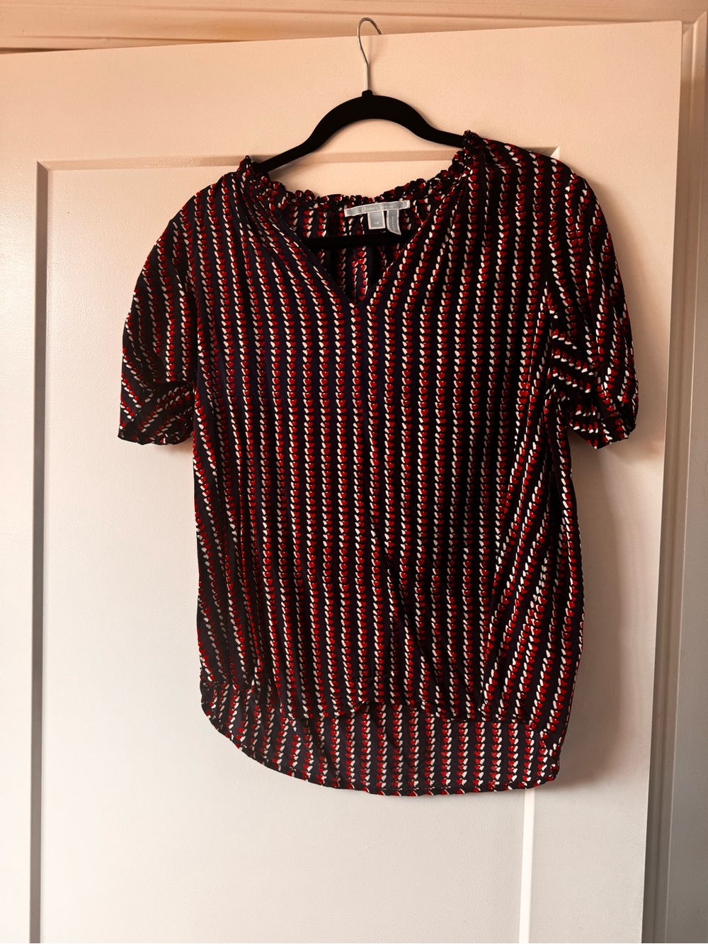 Draper James Navy V-Neck Top with Red and White Heart Pattern